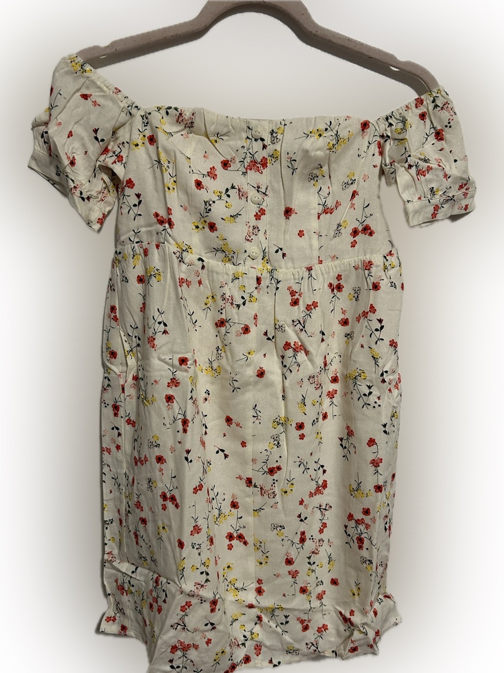 moodie Cream Floral Off-Shoulder Mini Dress with Red & Yellow Accents